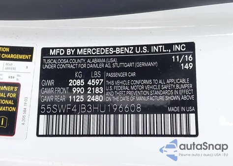 2017 Mercedes-Benz C 300 из США, поврежденный, VIN 55SWF4JB3HU196608